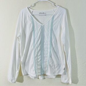 Eddie Bauer V-Neck Embroidered Detail Long Sleeve Top Size Medium White/Blue